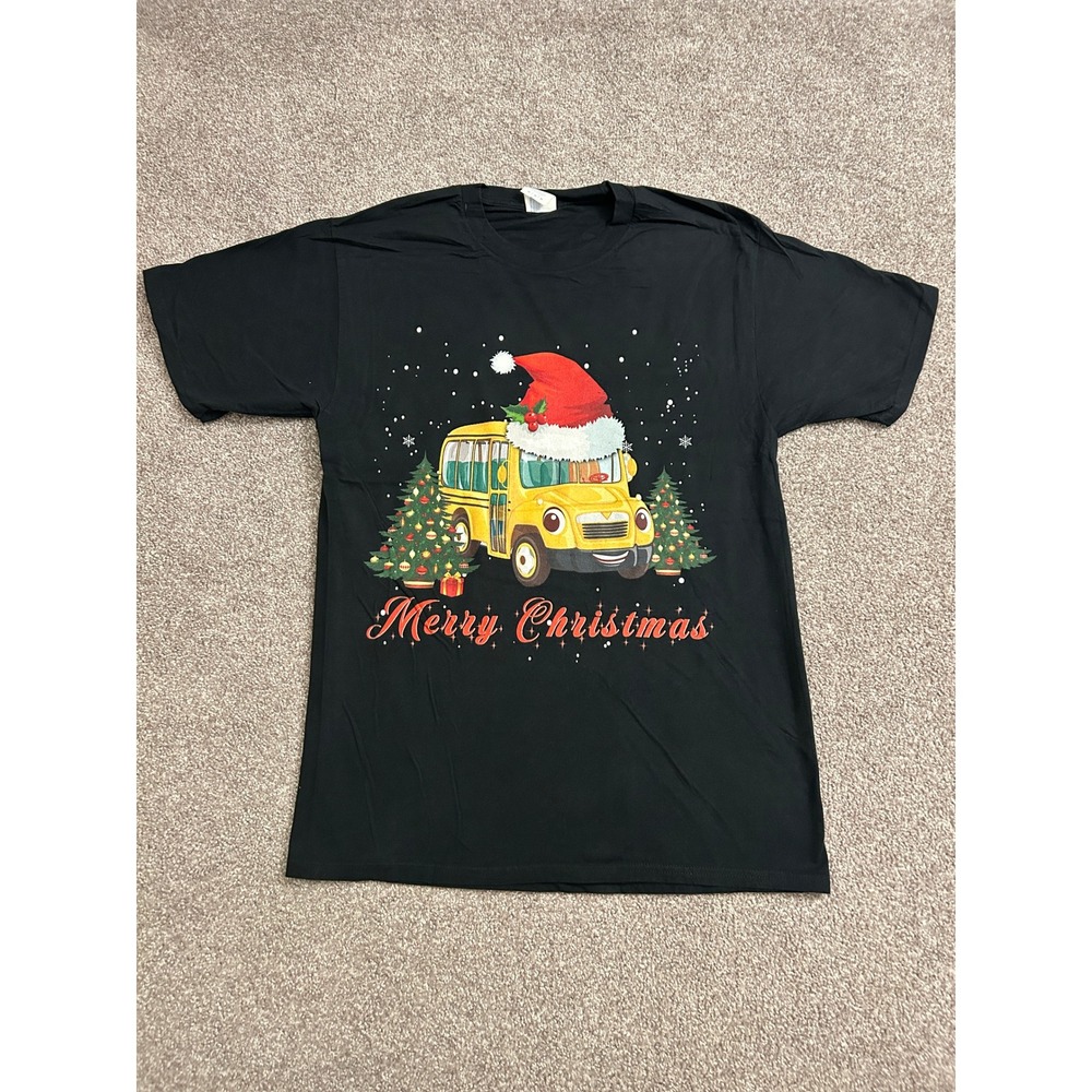 VTG School Bus Christmas T-Shirt Mens Medium Black Excellent Holiday Graphic